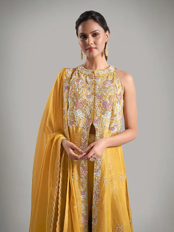 Trendy mustard yellow silk sharara salwar suit
