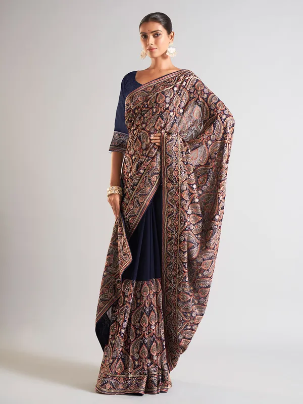 Trendy navy georgette saree for wedding
