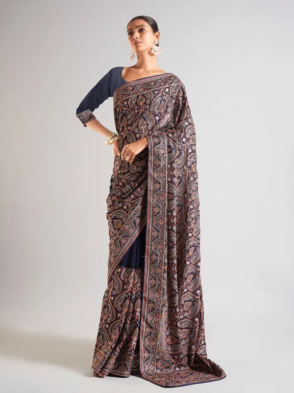 Trendy navy georgette saree for wedding