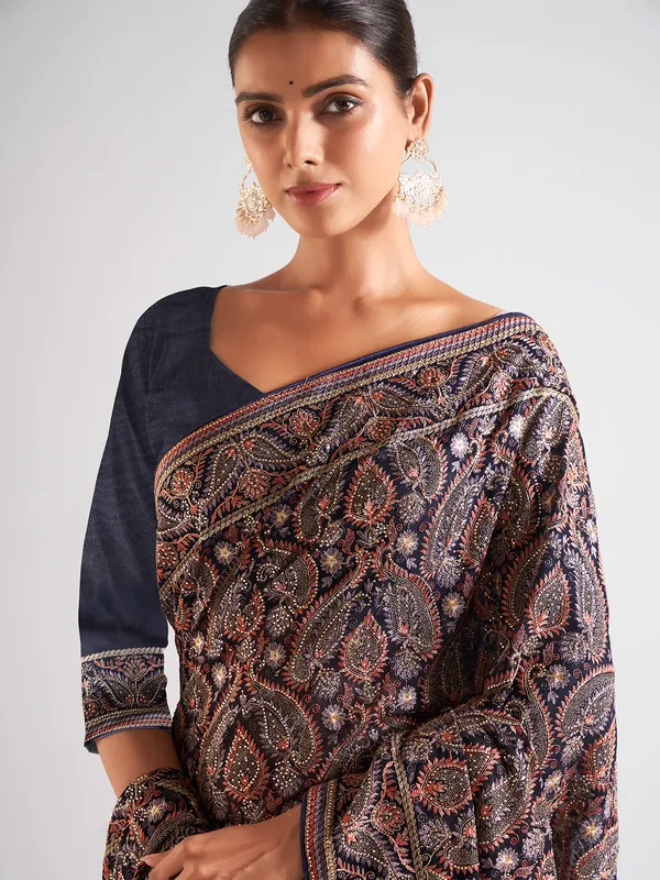 Trendy navy georgette saree for wedding