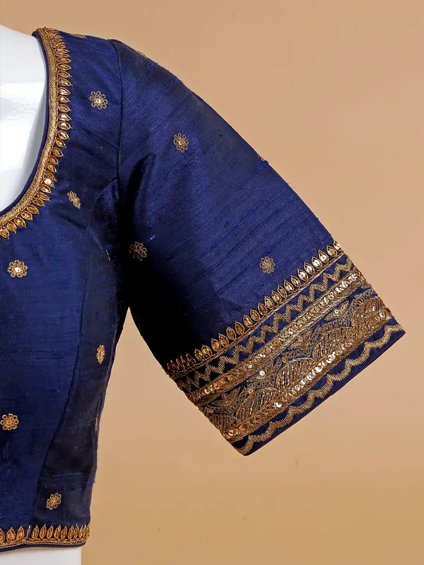 Trendy navy raw silk blouse