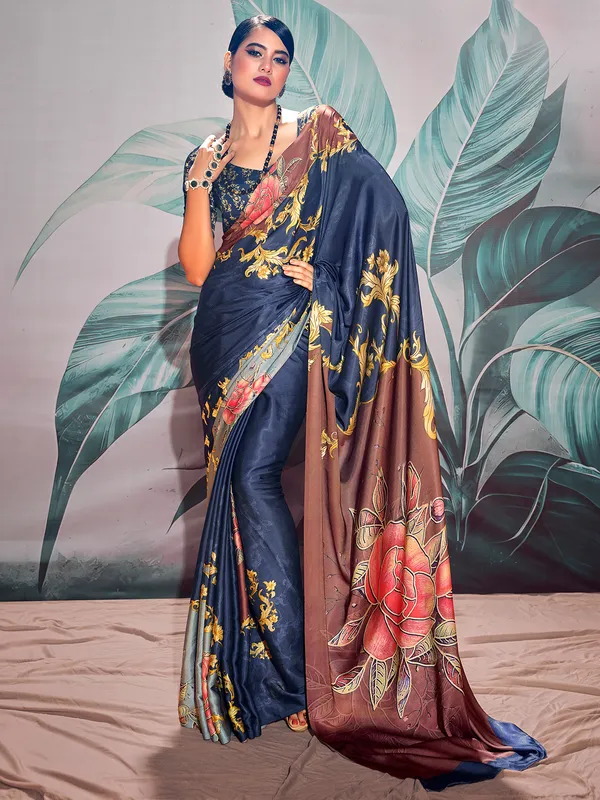 Trendy navy satin saree for festive