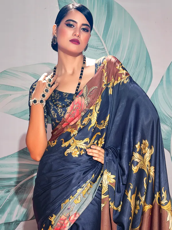 Trendy navy satin saree for festive