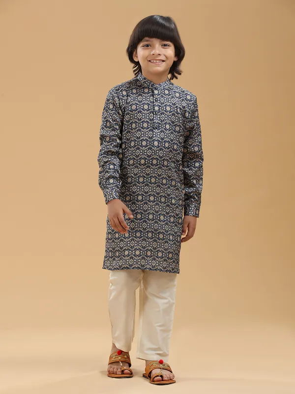 Trendy navy silk printed kurta suit