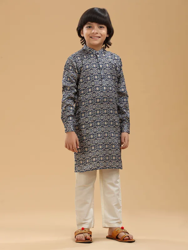 Trendy navy silk printed kurta suit