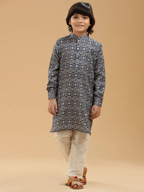 Trendy navy silk printed kurta suit