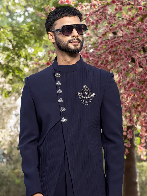 Trendy navy terry rayon indowestern for men