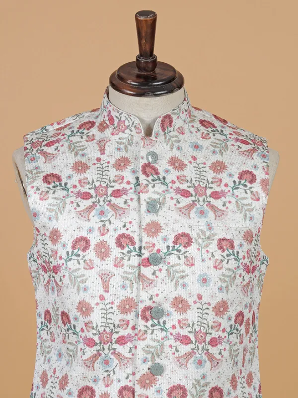 Trendy off-white printed waistcoat in silk for men