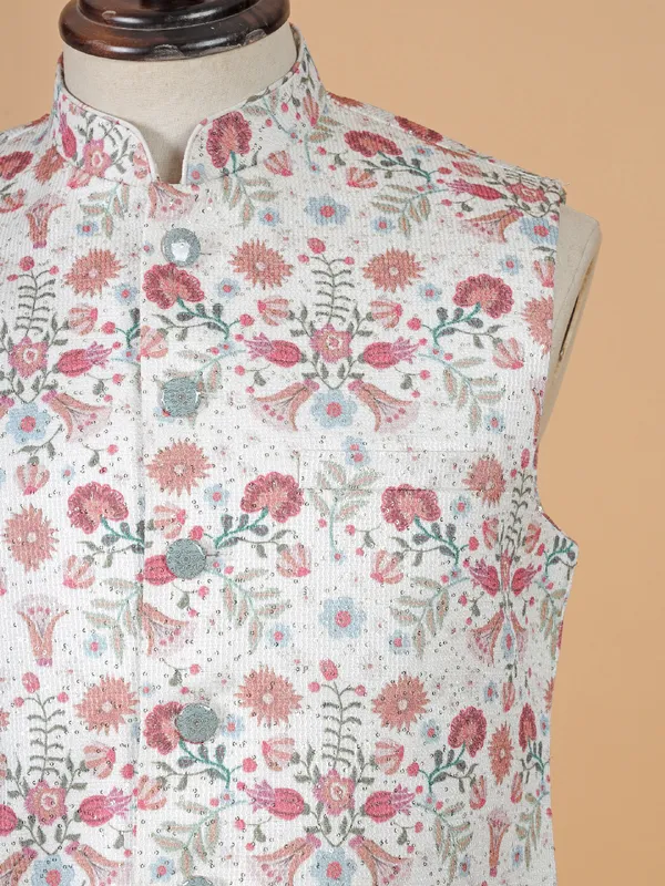 Trendy off-white printed waistcoat in silk for men