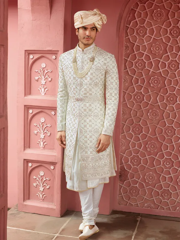 Trendy off white raw silk sherwani