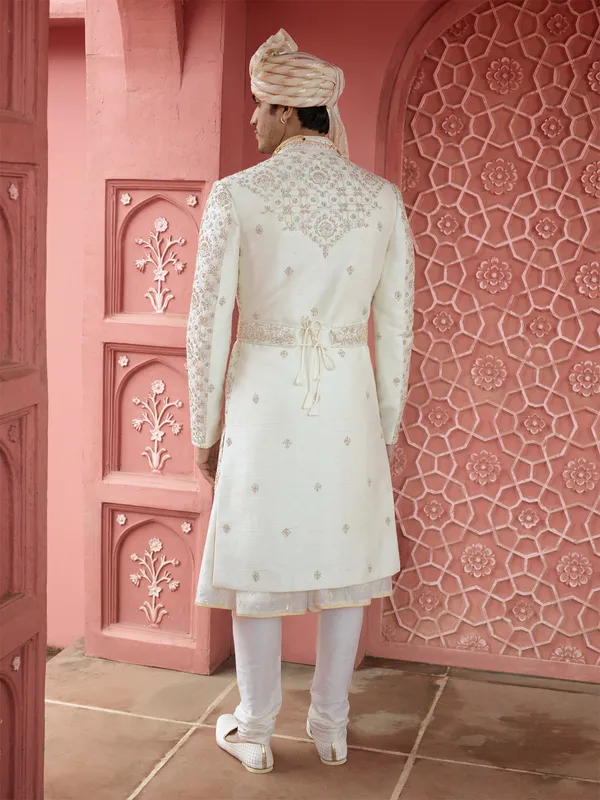 Trendy off white raw silk sherwani