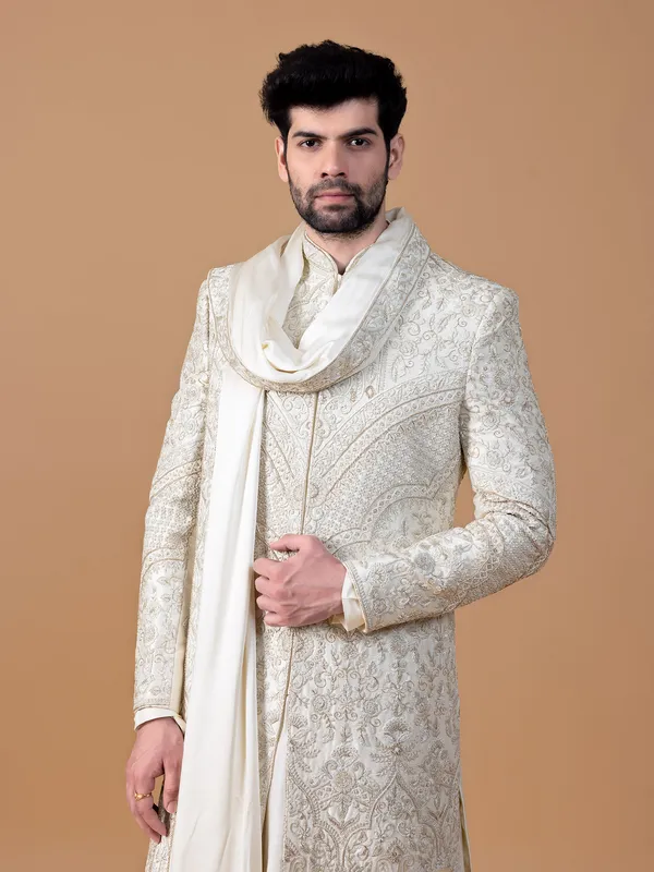 Trendy off white raw silk sherwani for groom