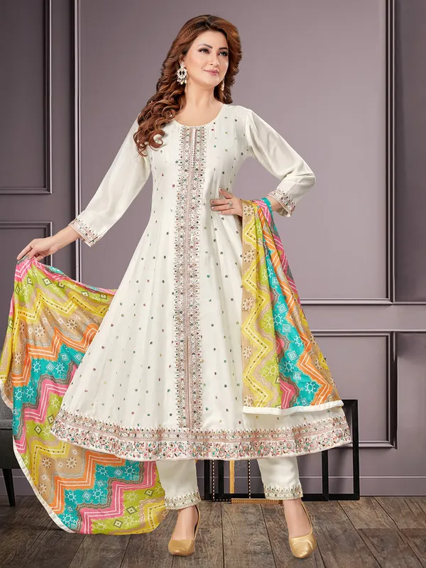 Trendy off-white salwar suit with printed dupatta