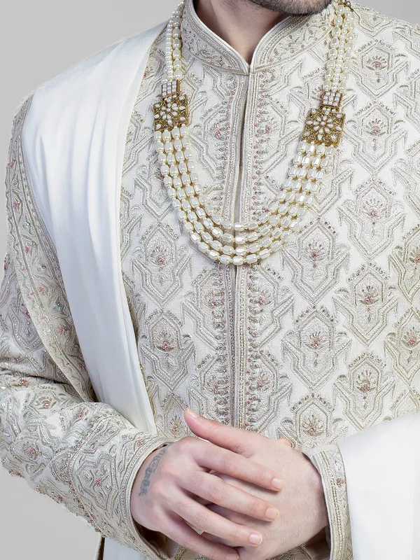 Trendy off white silk sherwani