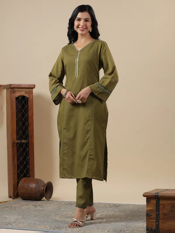 Trendy olive cotton kurti set