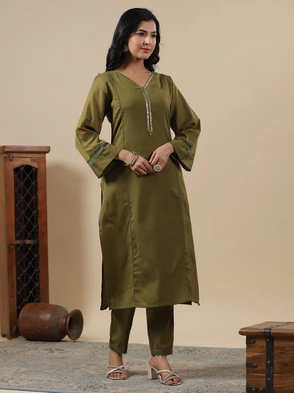 Trendy olive cotton kurti set