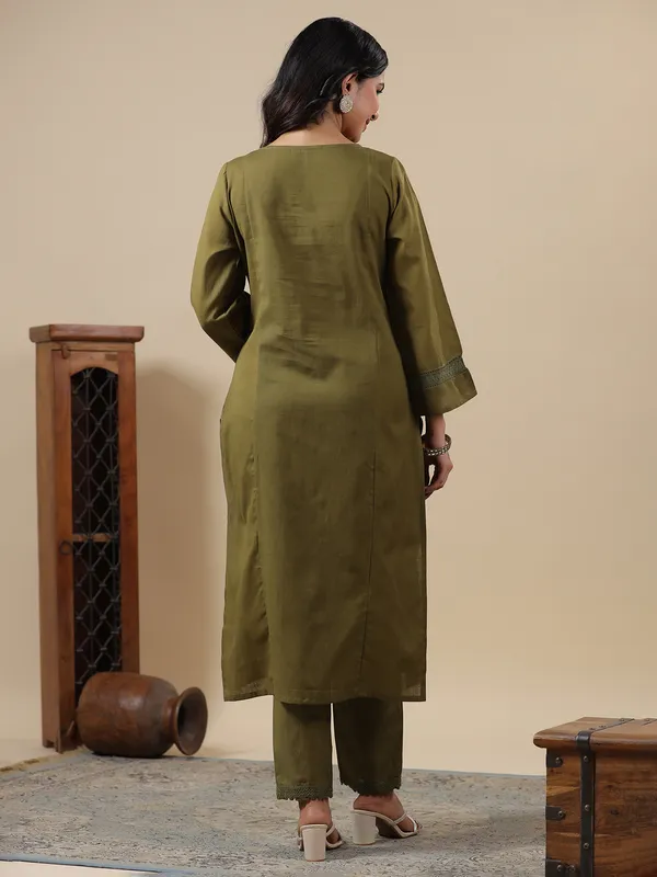 Trendy olive cotton kurti set