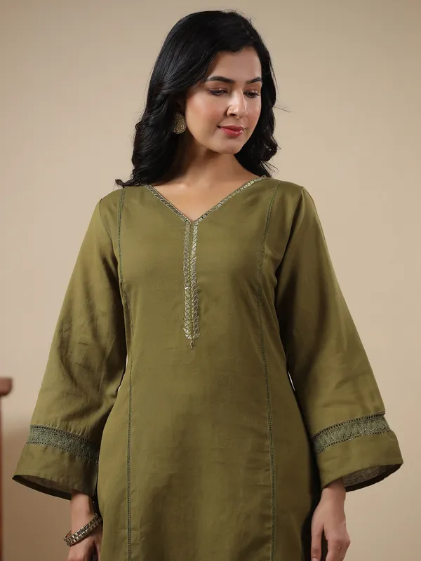 Trendy olive cotton kurti set