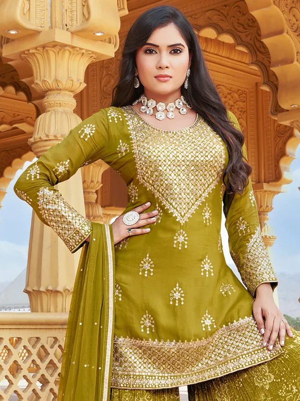 Trendy olive silk palazzo suit