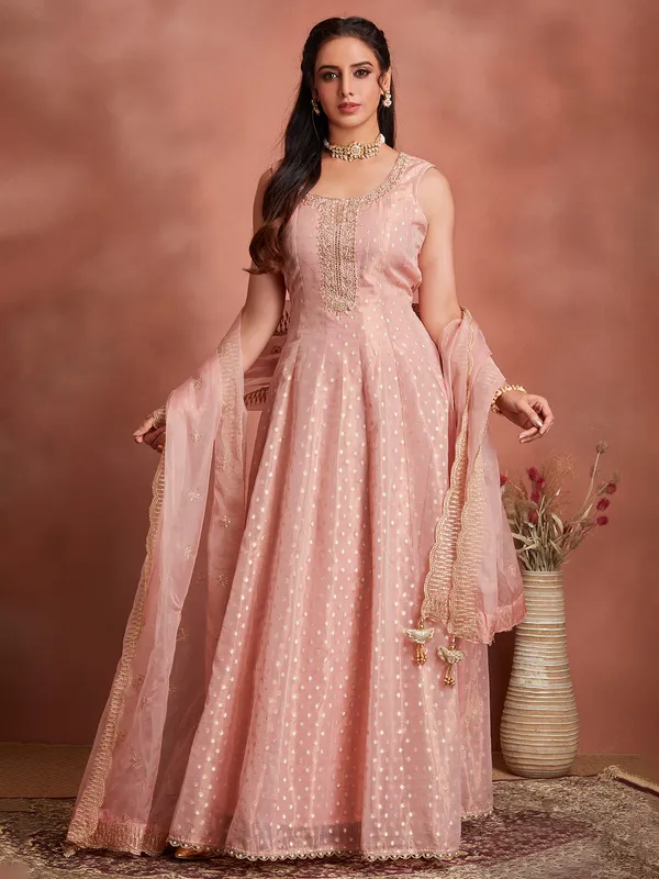 Trendy onion pink tissue silk anarkali suit for wedding