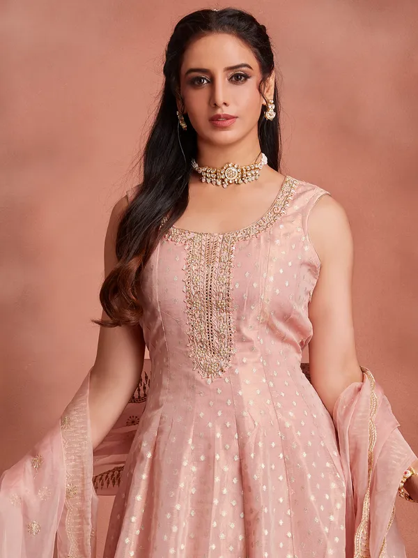 Trendy onion pink tissue silk anarkali suit for wedding