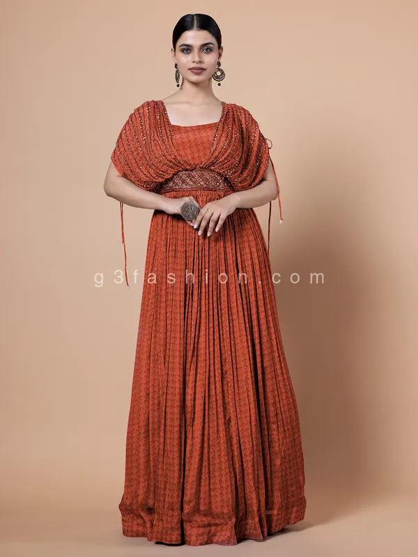 Trendy orange printed georgette gown