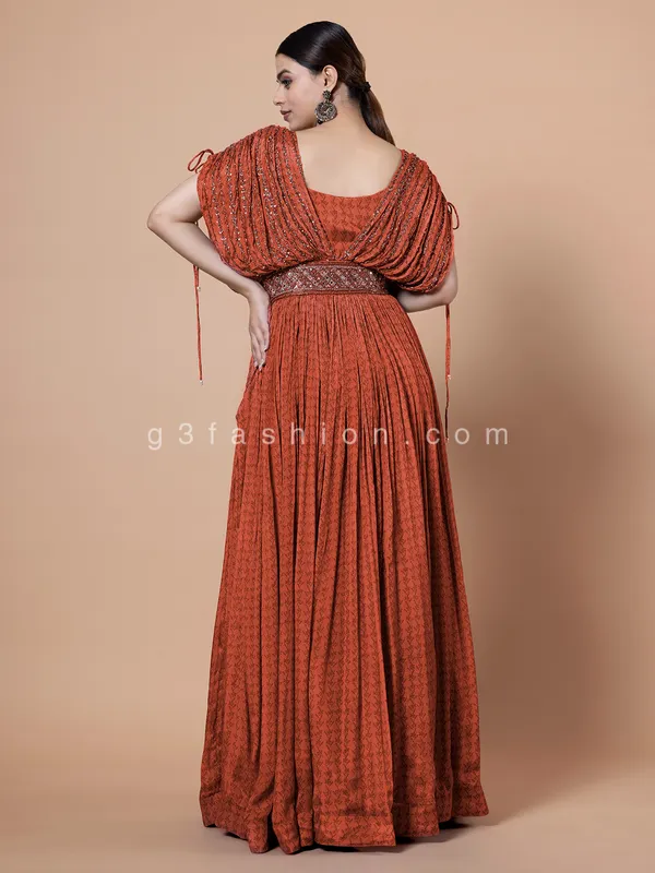 Trendy orange printed georgette gown