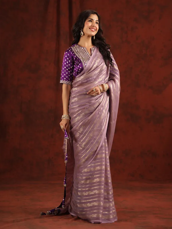 Trendy organza mauve purple saree