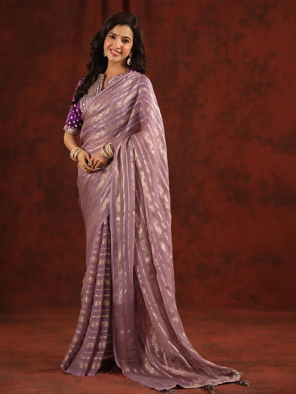 Trendy organza mauve purple saree