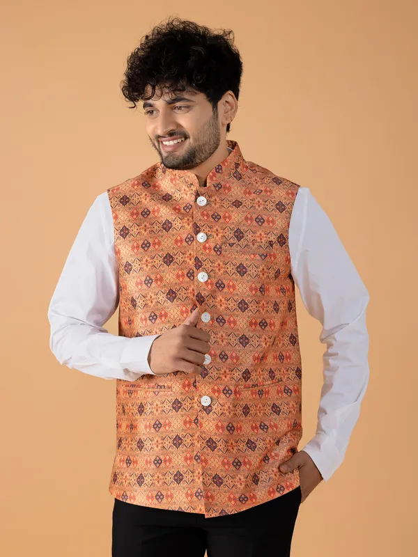 Trendy peach printed waistcoat in silk