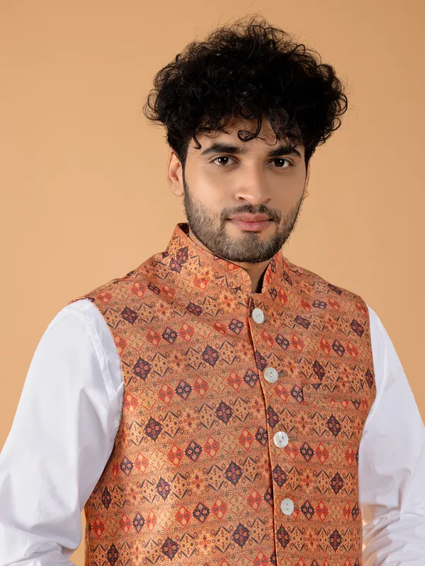 Trendy peach printed waistcoat in silk