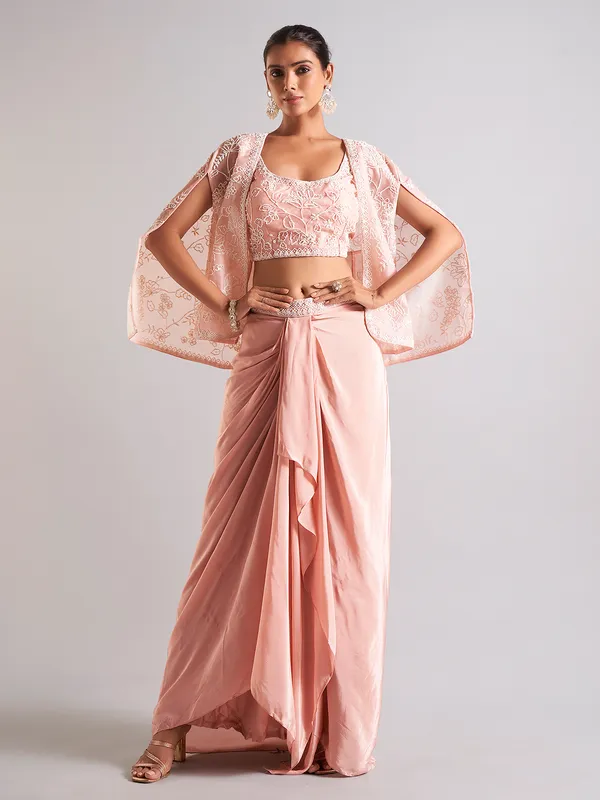 Trendy peach satin indowestern