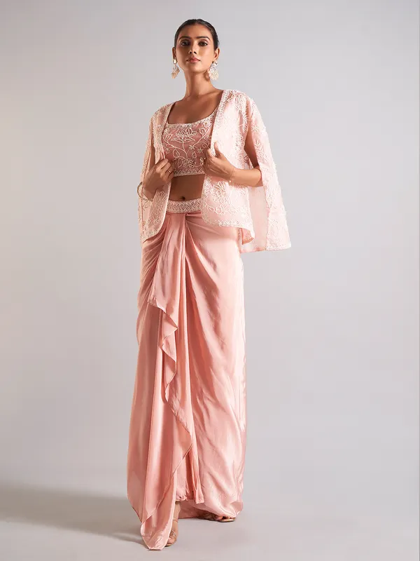 Trendy peach satin indowestern