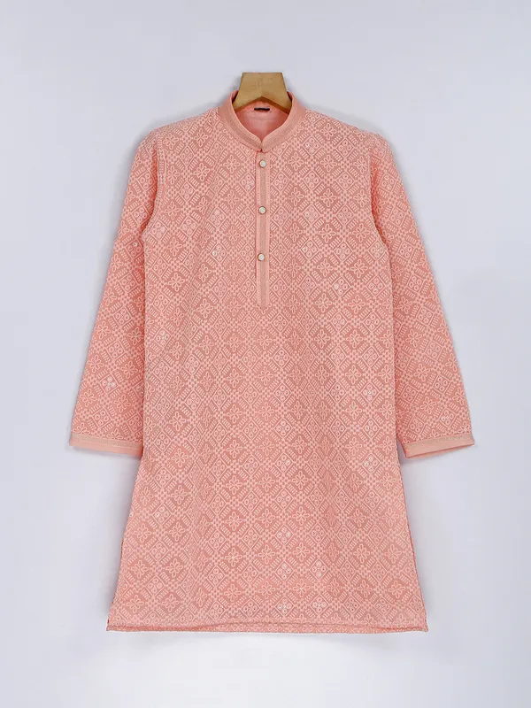 Trendy peach silk boys kurta suit