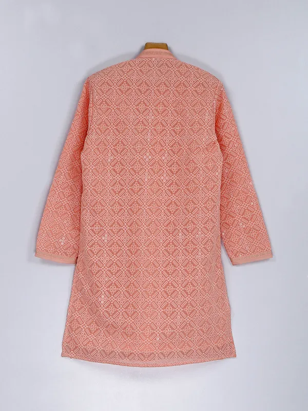 Trendy peach silk boys kurta suit