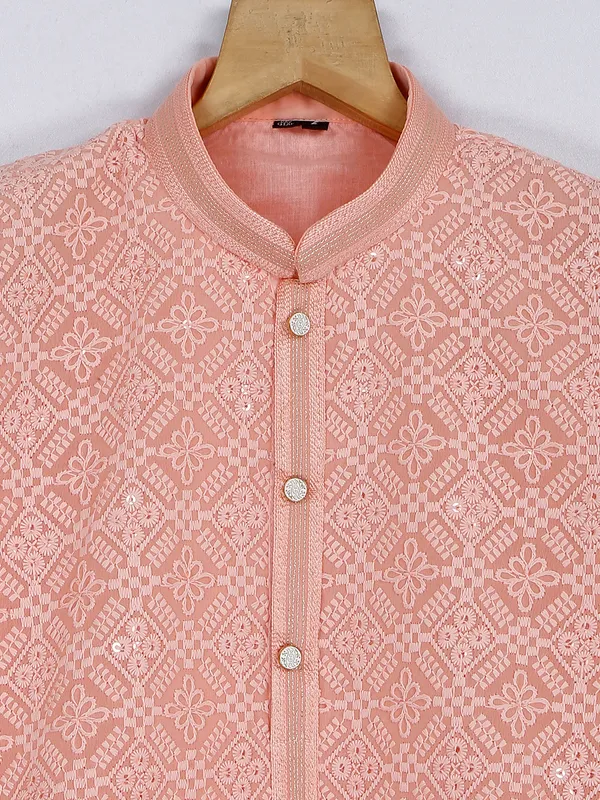 Trendy peach silk boys kurta suit