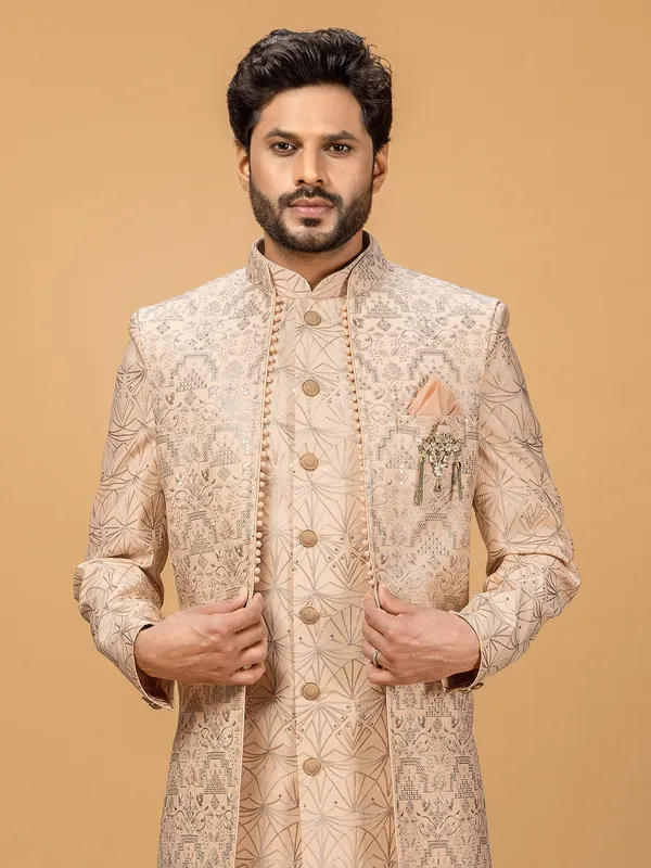 Trendy peach silk indowestern for wedding