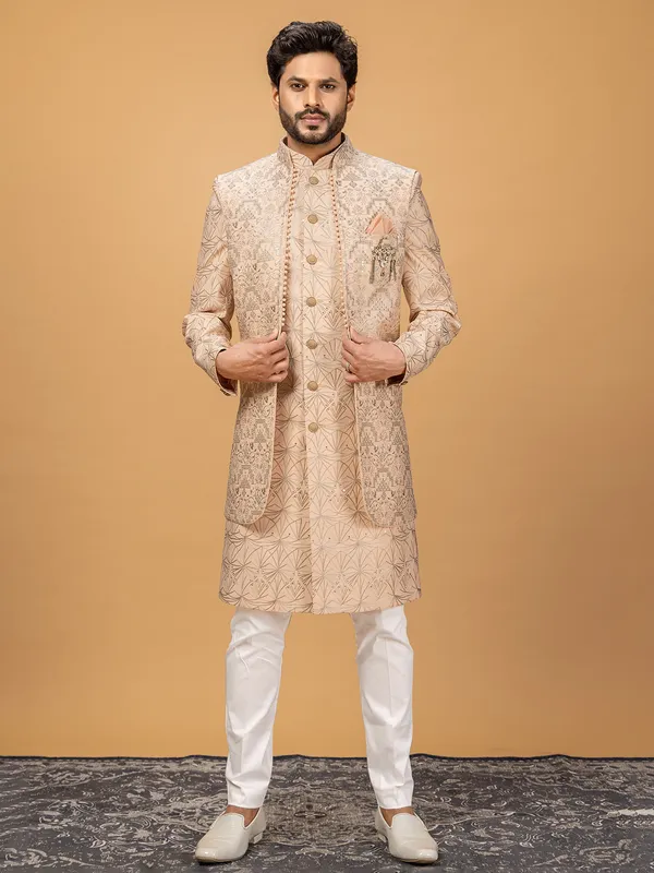 Trendy peach silk indowestern for wedding