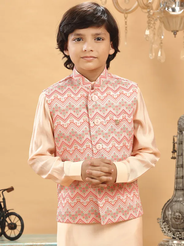 Trendy peach silk printed waistcoat set