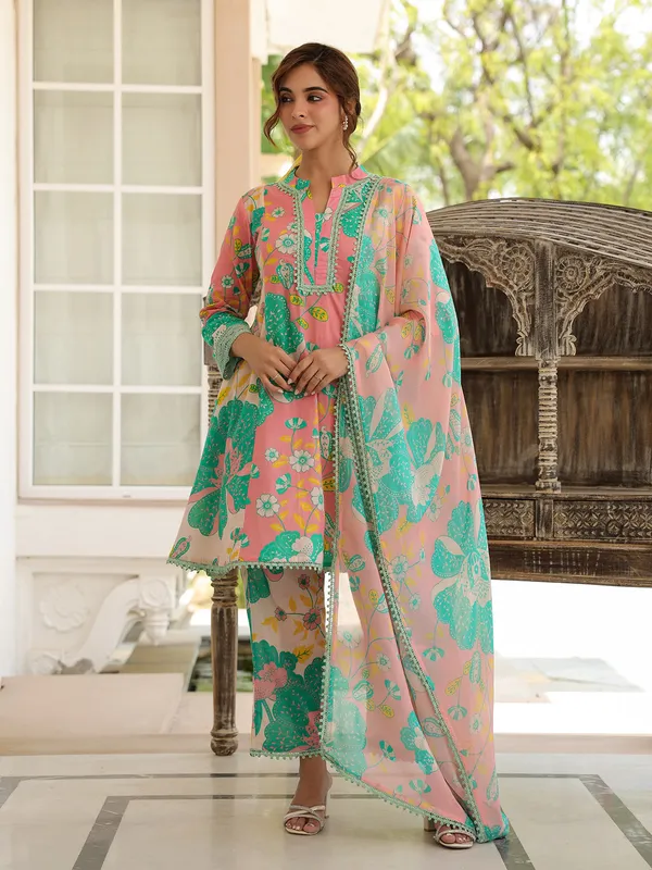 Trendy pink and green printed kurti set