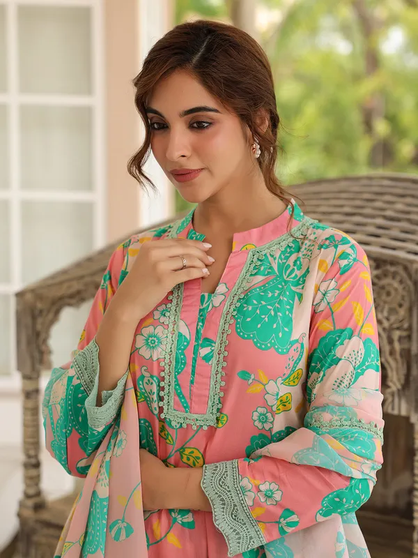 Trendy pink and green printed kurti set