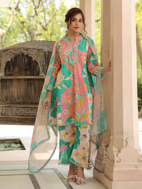 Trendy pink and green printed kurti set