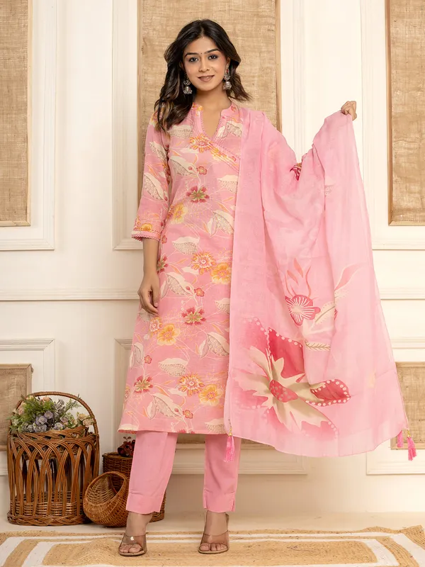 Trendy pink cotton kurti set with dupatta
