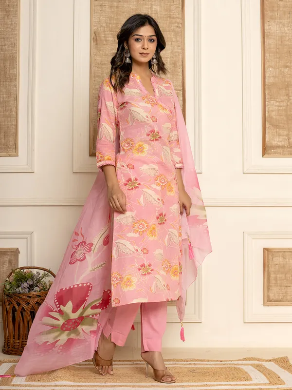 Trendy pink cotton kurti set with dupatta