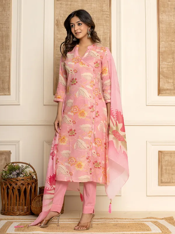 Trendy pink cotton kurti set with dupatta