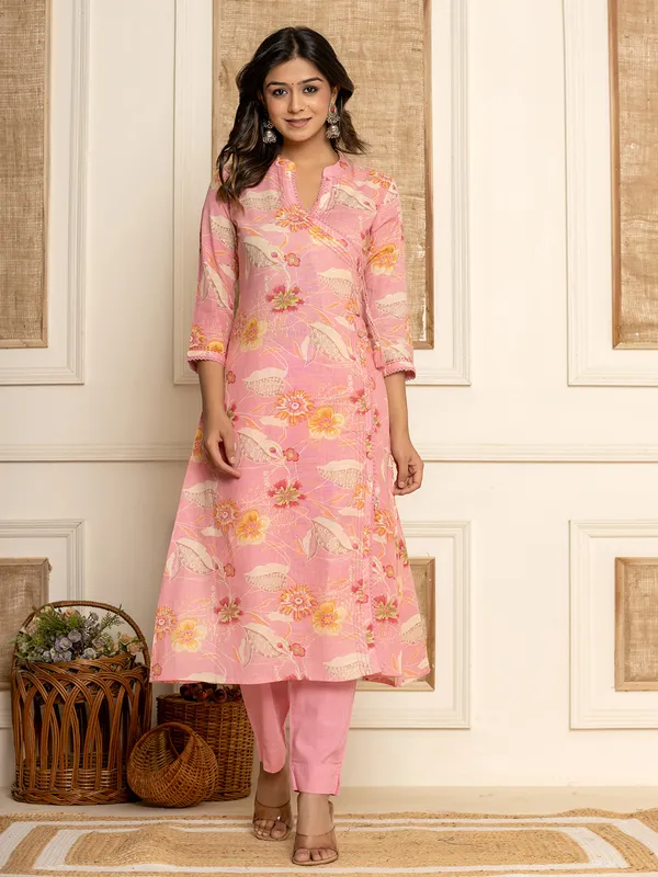 Trendy pink cotton kurti set with dupatta