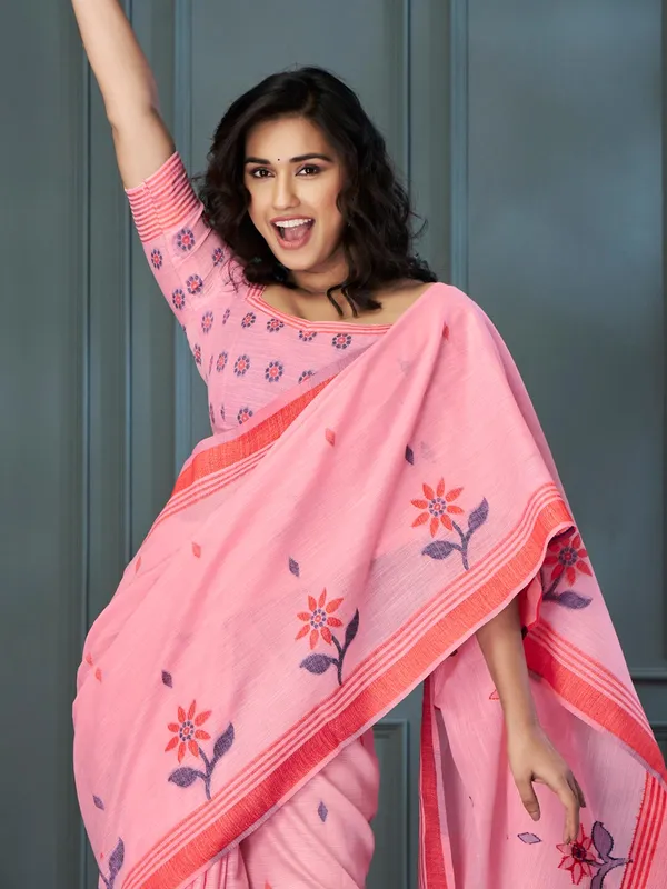 Trendy pink linen saree