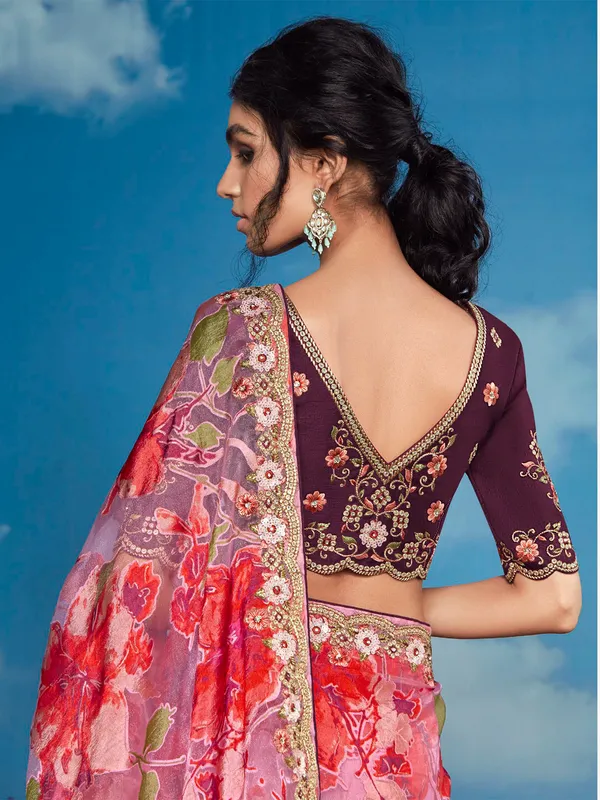 Trendy pink organza printed saree