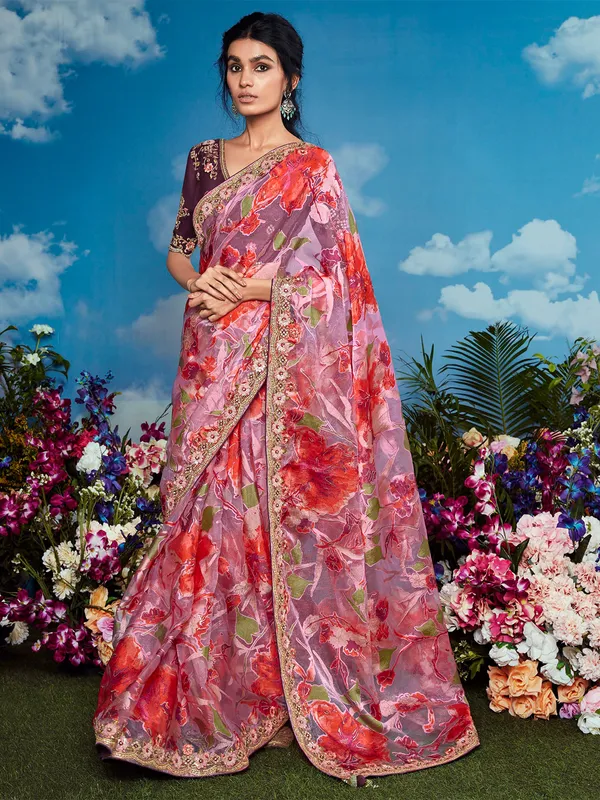 Trendy pink organza printed saree