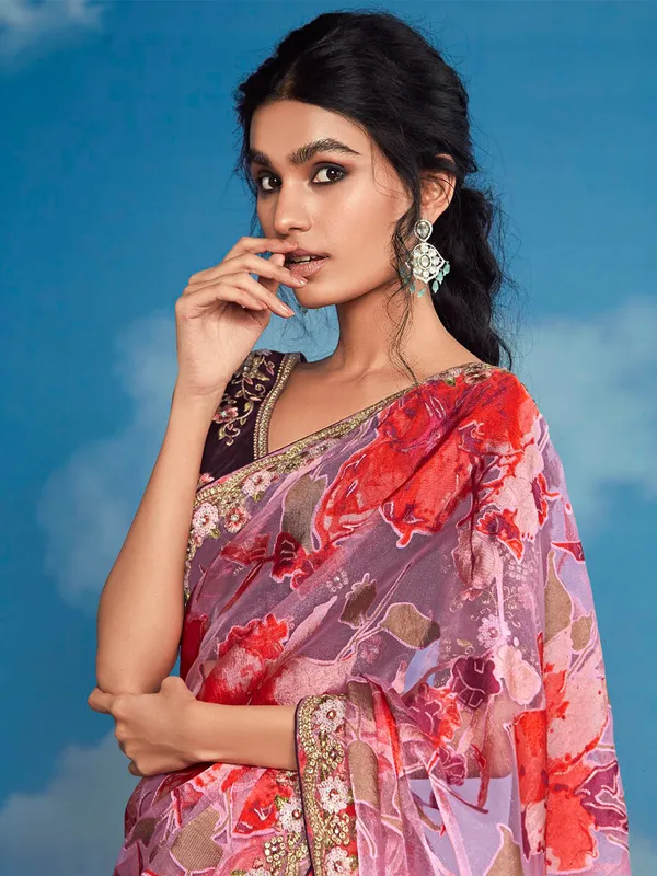 Trendy pink organza printed saree